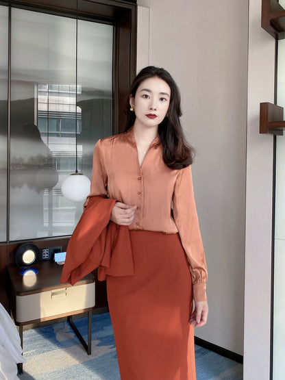 Rust Red V‑Neck Slim‑Fit Autumn Work Shirt for Women