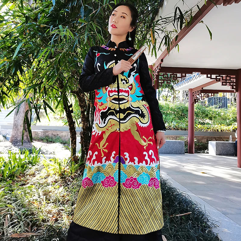 Women's Plus Size Trench Coat Black Hand‑Embroidered Dragon Robe