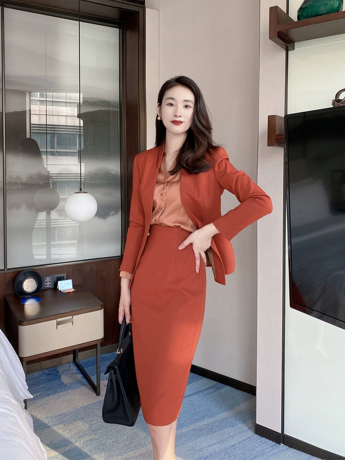 Rust Red Autumn Short Jacket & Pleated Skirt Set – Slim Fit