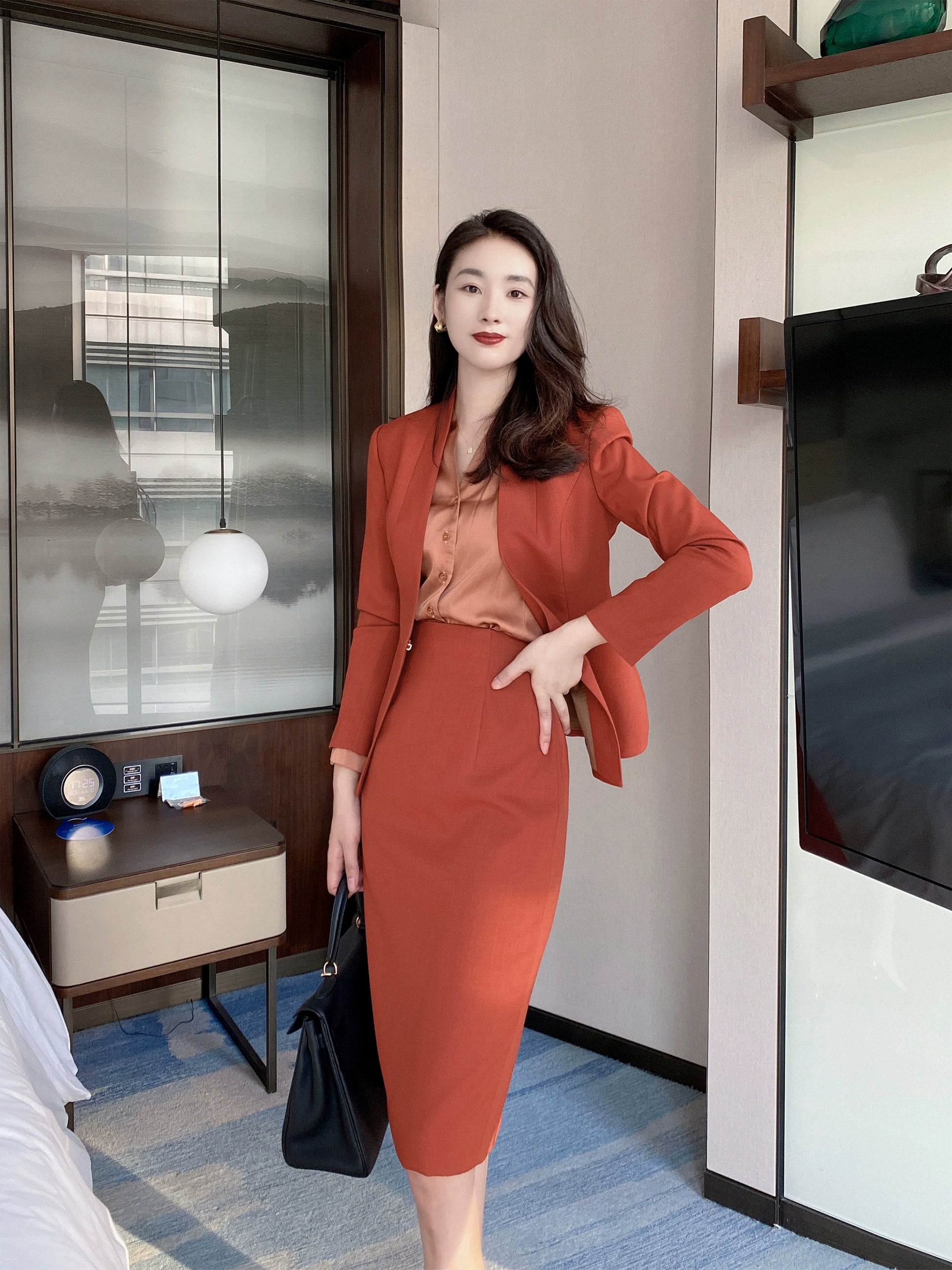 Rust Red Autumn Short Jacket & Pleated Skirt Set – Slim Fit