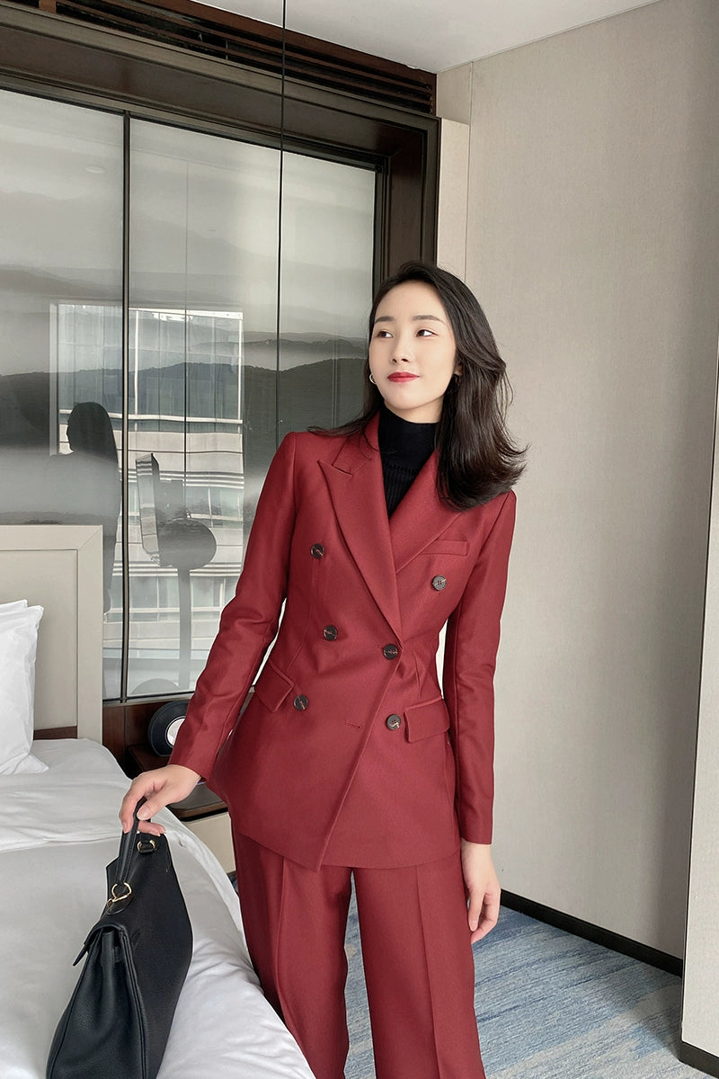 Demi-season Burgundy Women’s Suit Set – Slim Fit Jacket & Trousers