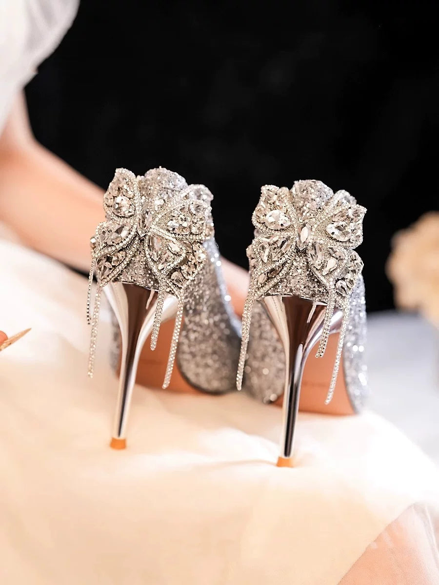 French Style Silver Bridal Wedding Shoes With Crystal Bow 6cm/8cm