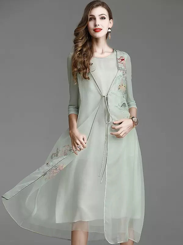 Women's Summer Silk Organza Embroidered Loose Midi Dress