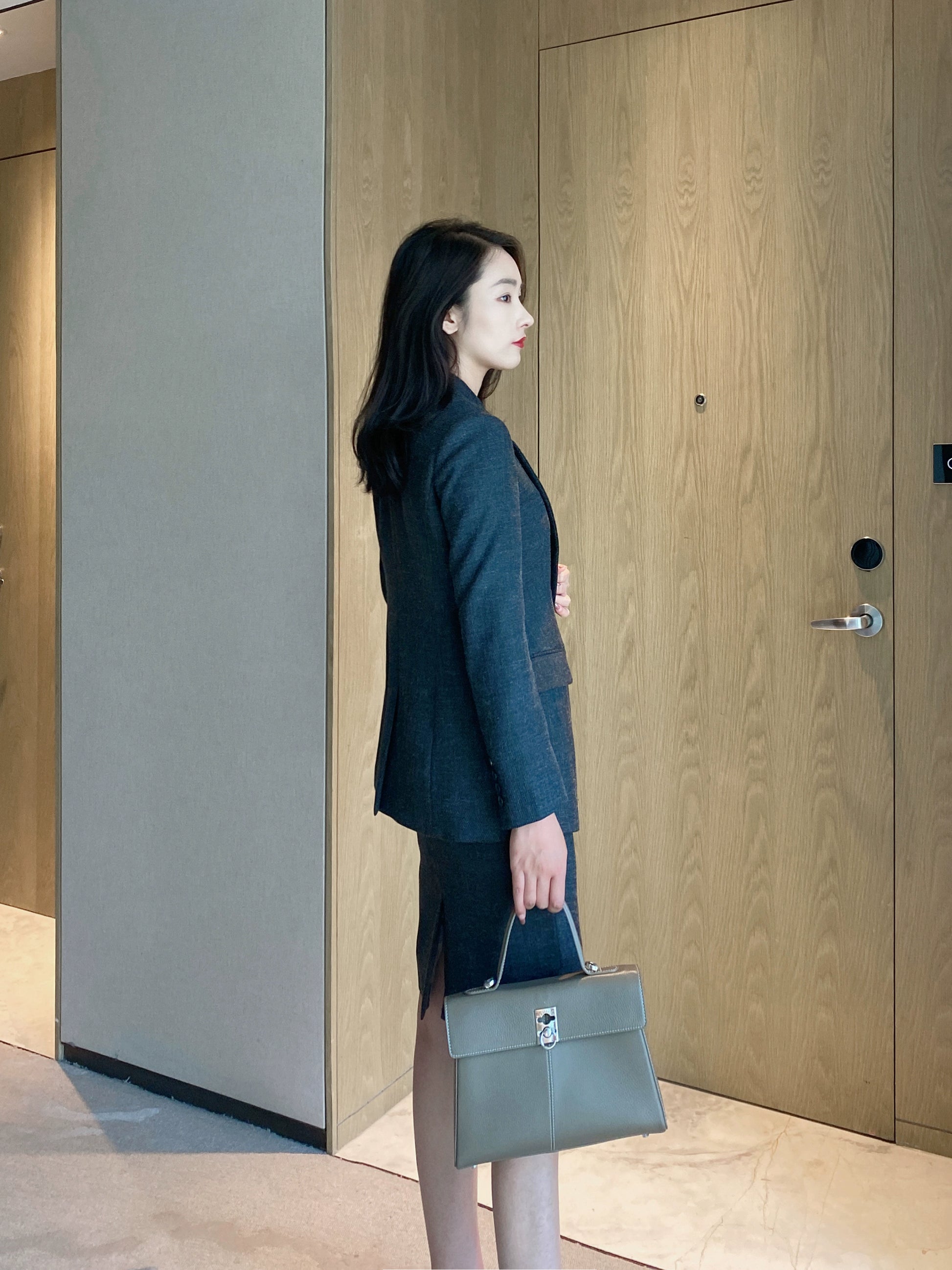 Dark Gray Demi-Season Fitted Dress, Skirt & Jacket Set