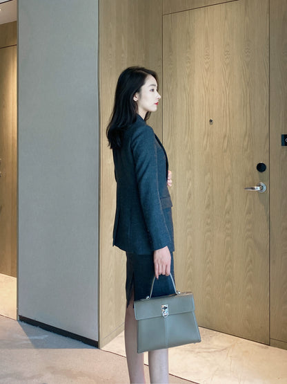 Dark Gray Demi-Season Fitted Dress, Skirt & Jacket Set