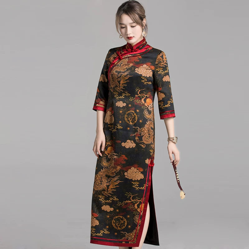 Chinese Style Qipao Dress With Dragon Print, Heavy Silk Chiffon