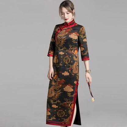 Chinese Style Qipao Dress With Dragon Print, Heavy Silk Chiffon