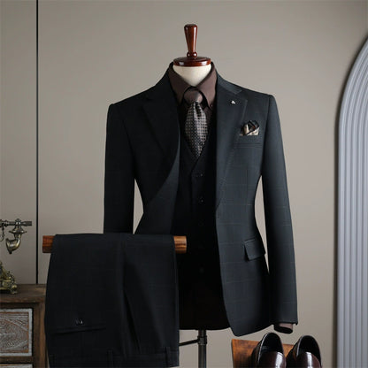 Men's 3-Piece English Style Classic Suit Jacket and Trousers Set for Leisure Wedding