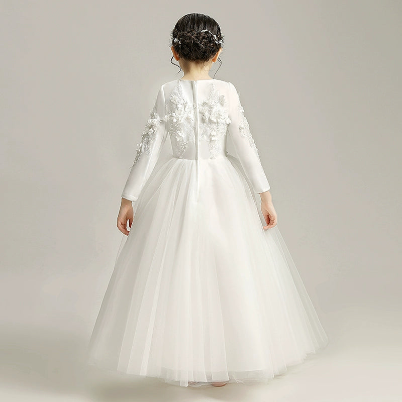 Elegant Princess Flower Girl Dress: Long-Sleeve Fleece Wedding Performance Gown