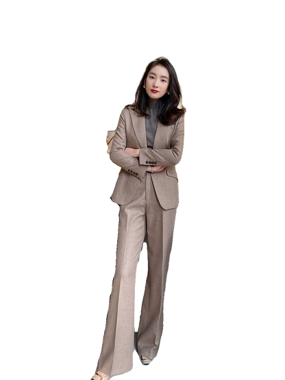 Winter Woolen Oat Coffee Women's Suit Set Loose Pants