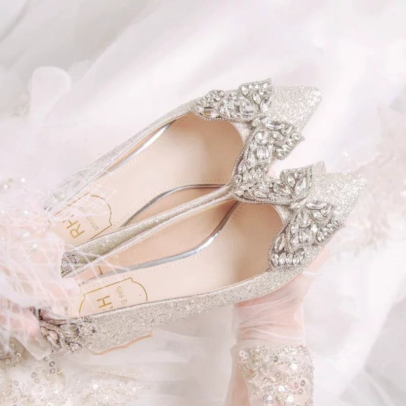 Silver Bridal High Heel Shoes, Mid Heel 3‑5cm, Princess Style
