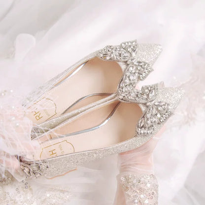 Silver Bridal High Heel Shoes, Mid Heel 3‑5cm, Princess Style