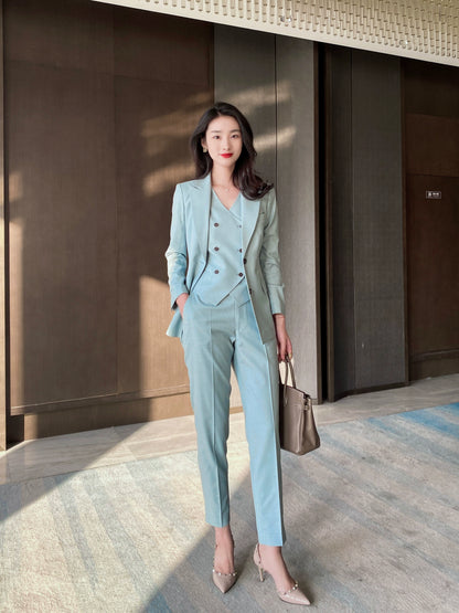 Autumn Slim Fit 3‑Piece Women’s Suit Set in Celadon Blue