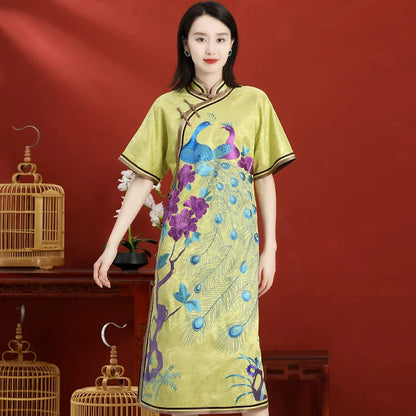 Elegant Mid-Length Hand-Embroidered Chinese Style Spring Autumn Dress