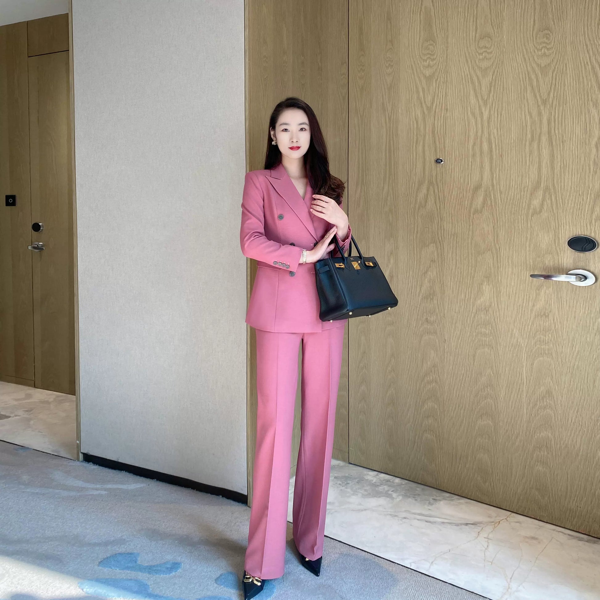 Elegant Fuchsia Spring Blazer and Wide-Leg Pants Set