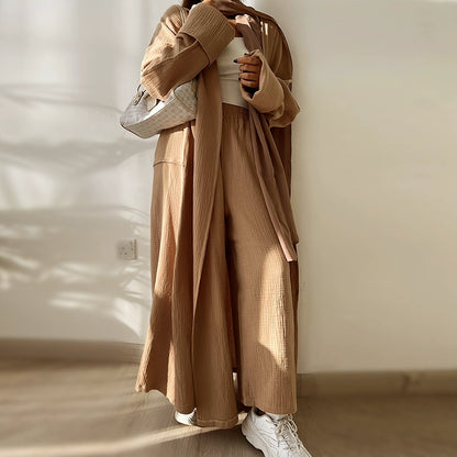 Elegant Arabic Long Set – Blue Skirt, Cardigan & Trousers