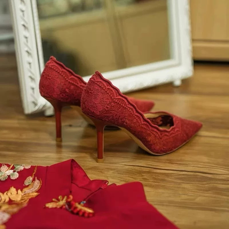 Elegant Lace Mesh Stiletto Heels, Spring Classic, 8cm Red