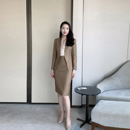 Elegant Autumn Coffee-Colored Classic Women's Suit with Fitted Skirt