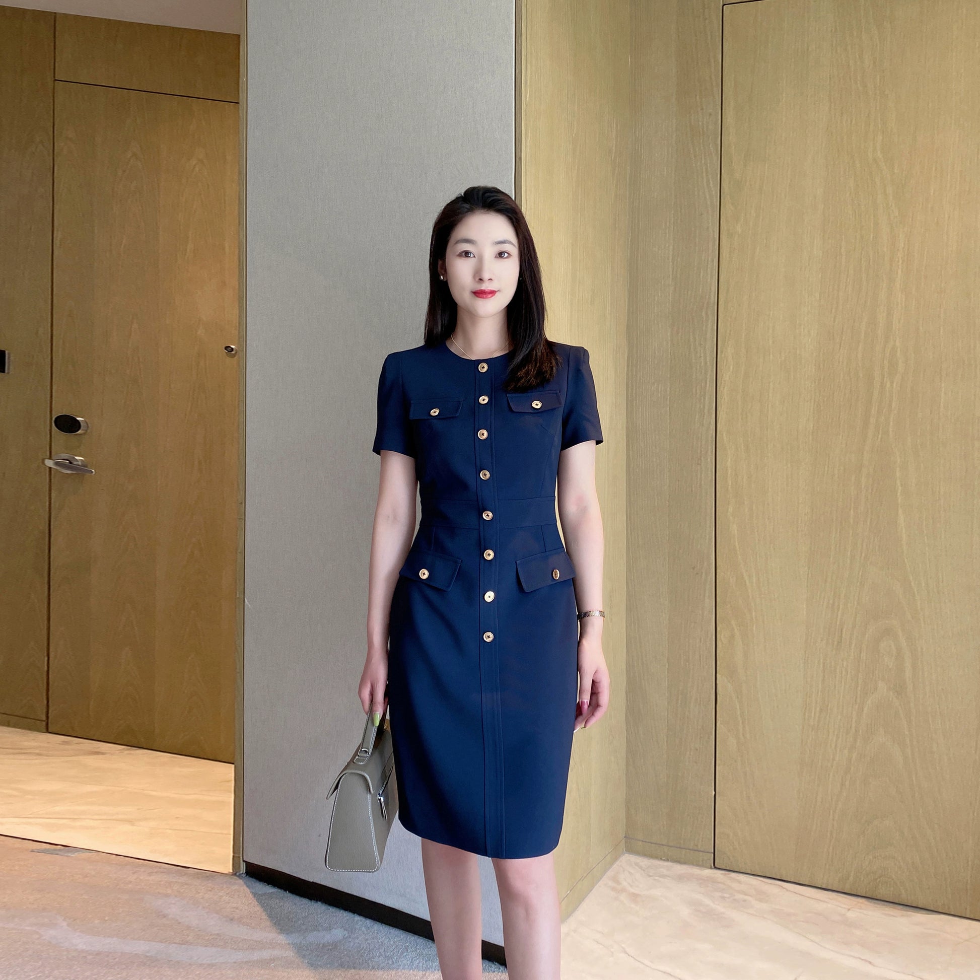 Elegant Summer Fitted Midi Dress with Short Sleeve – Navy