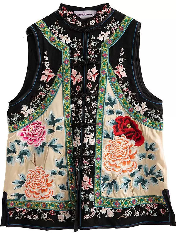 Women's Spring Collared Vest Heavy Embroidery Acetate Satin