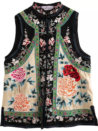 Women's Spring Collared Vest Heavy Embroidery Acetate Satin