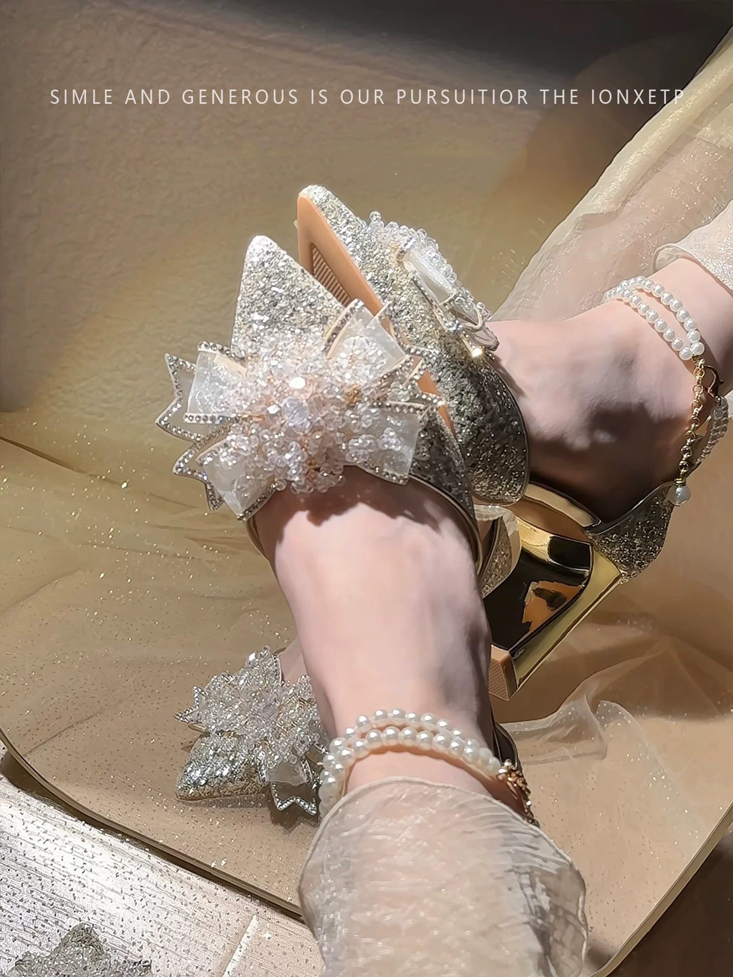 Champagne Chunky Heel Two-Way Wedding Shoes with Water Crystal Sequin