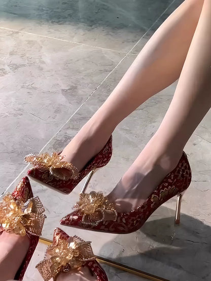 Red Chinese Wedding Shoes With Crystal Rhinestones