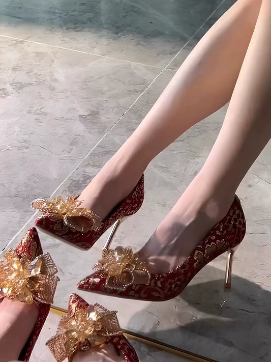 Red Chinese Wedding Shoes With Crystal Rhinestones