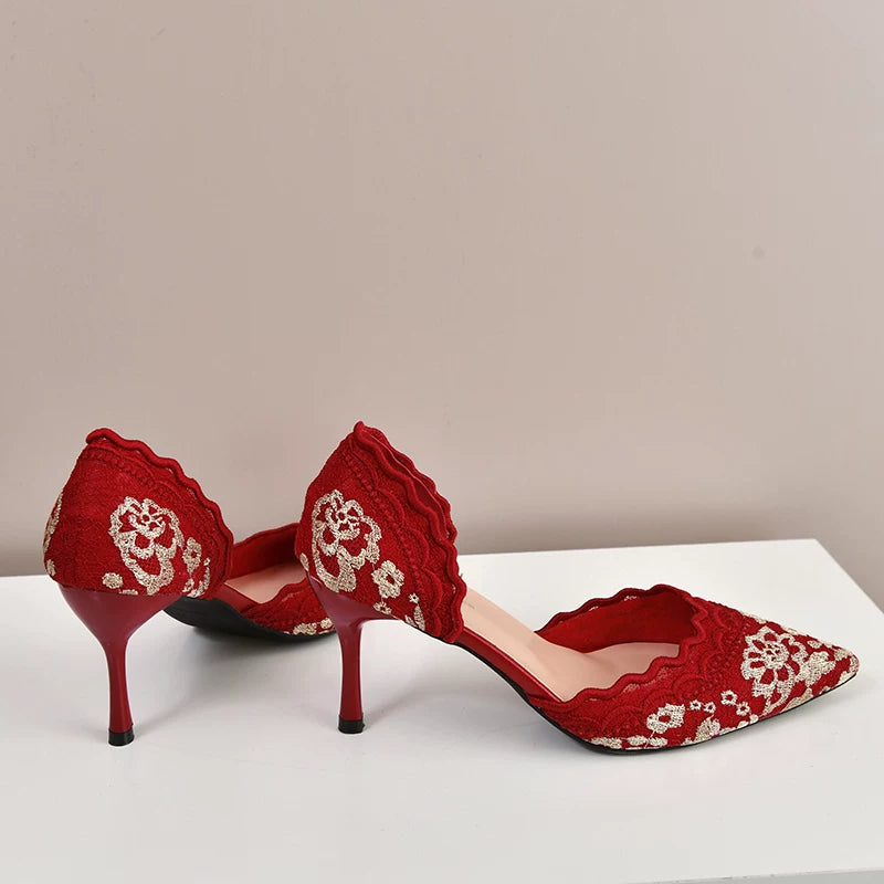 Red Embroidered High Heels for Women 2025 Dual-Wear Bridal Shoes