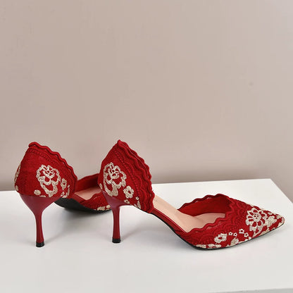 Red Embroidered High Heels for Women 2025 Dual-Wear Bridal Shoes