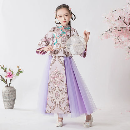 Elegant Girls' Fleece Lined Hanfu Cheongsam Dress: Traditional Chinese New Year Outfit