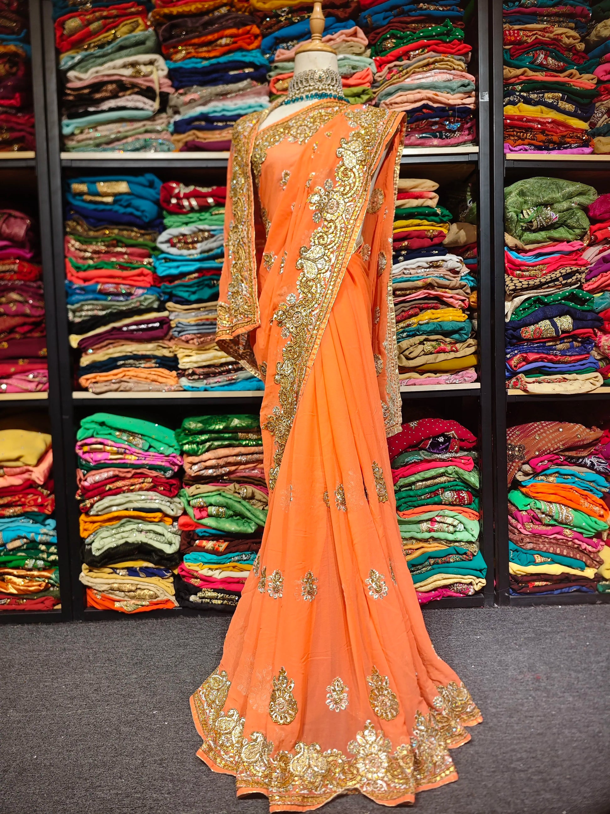 Hand-Embroidered Beaded Orange Saree