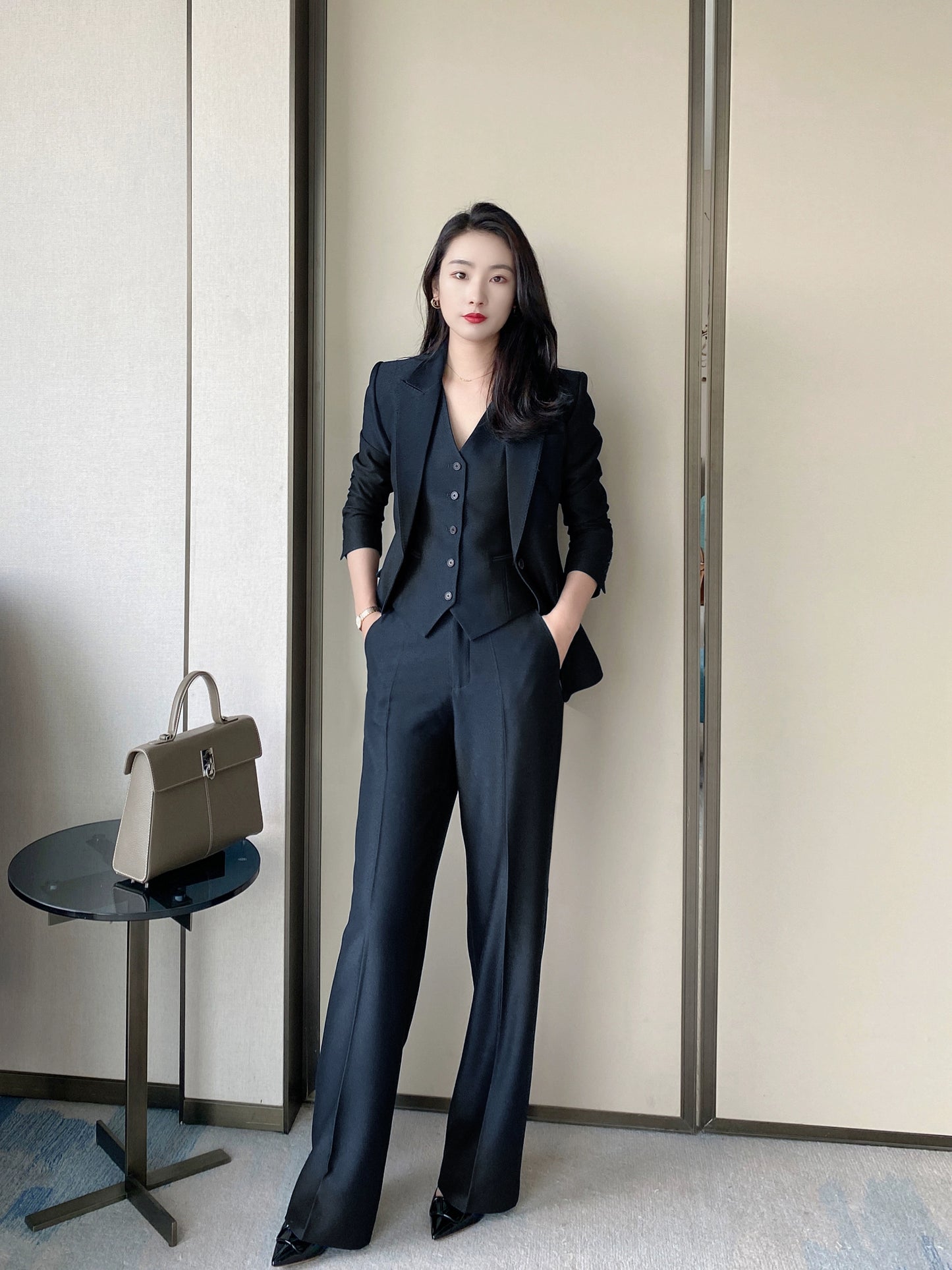 Elegant Black Women's Three-Piece Suit Set Jacket Vest Trousers