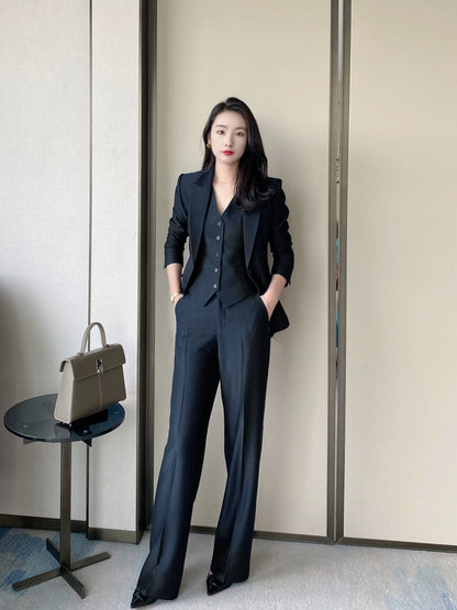 Elegant Black Women's Three-Piece Suit Set Jacket Vest Trousers