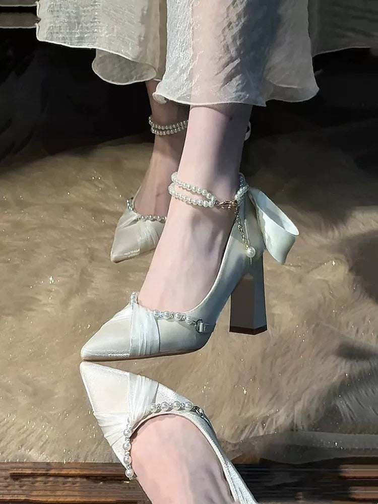 Pearl Satin High Heel Shoes with 6cm Heel, Off‑White