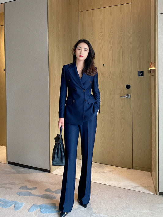 High-End Dark Navy Flared Trousers Slim Fit Business Suit