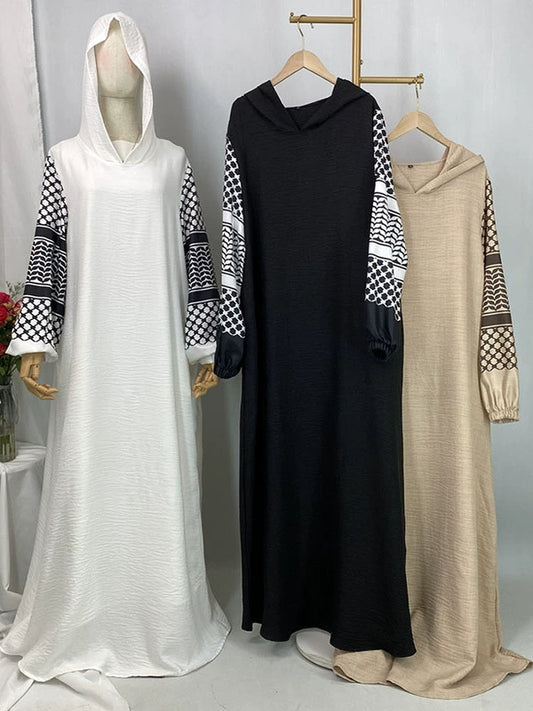 Elegant Turkish‑Inspired Long Sleeve Hooded Maxi Skirt with Floral Print