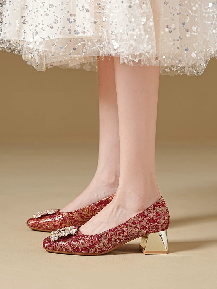 Square Toe Bridal Shoes 2025 Two‑Way Crystal Stiletto Red Heel