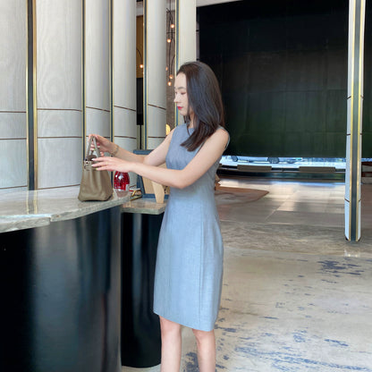 Summer Light Sleeveless Tea Gray Midi Dress for Office