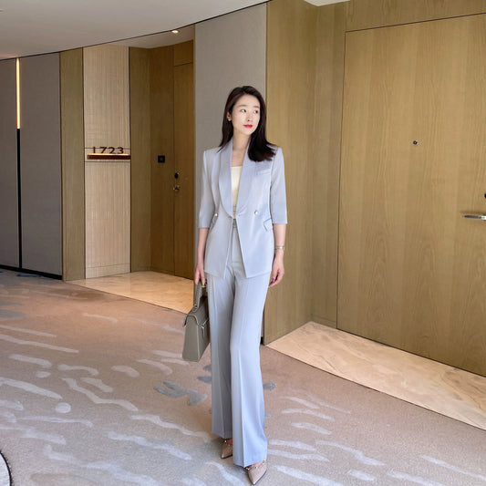Silver Gray Summer Women's Suit Set with Loose Straight Fit