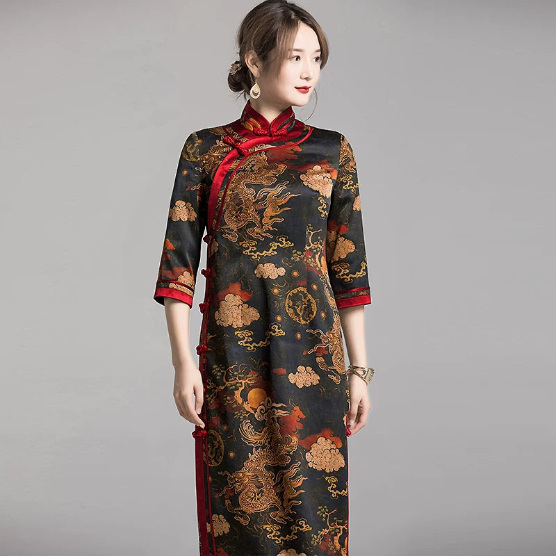 Chinese Style Qipao Dress With Dragon Print, Heavy Silk Chiffon
