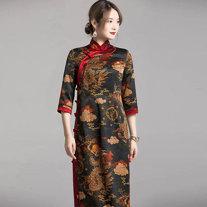 Chinese Style Qipao Dress With Dragon Print, Heavy Silk Chiffon