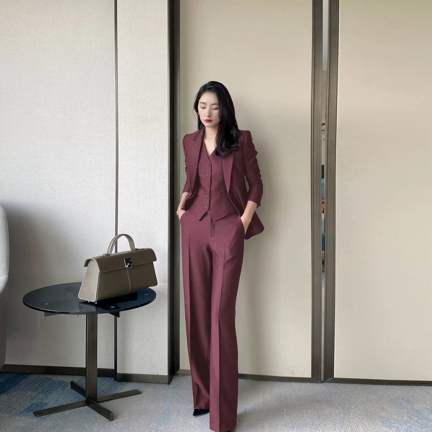 Elegant Winter Suit Set with Red Vest and Trousers