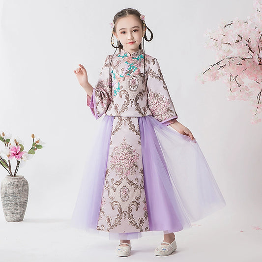Elegant Girls' Fleece Lined Hanfu Cheongsam Dress: Traditional Chinese New Year Outfit