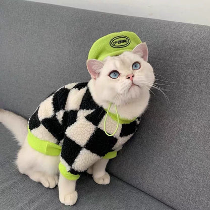 Black White Chessboard Velvet Cat Sweater for Handsome Winter Cats