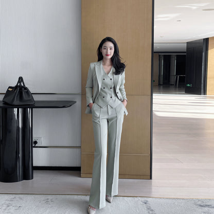 Elegant Khaki Women's Three-Piece Suit with Jacket Vest Flared Trousers