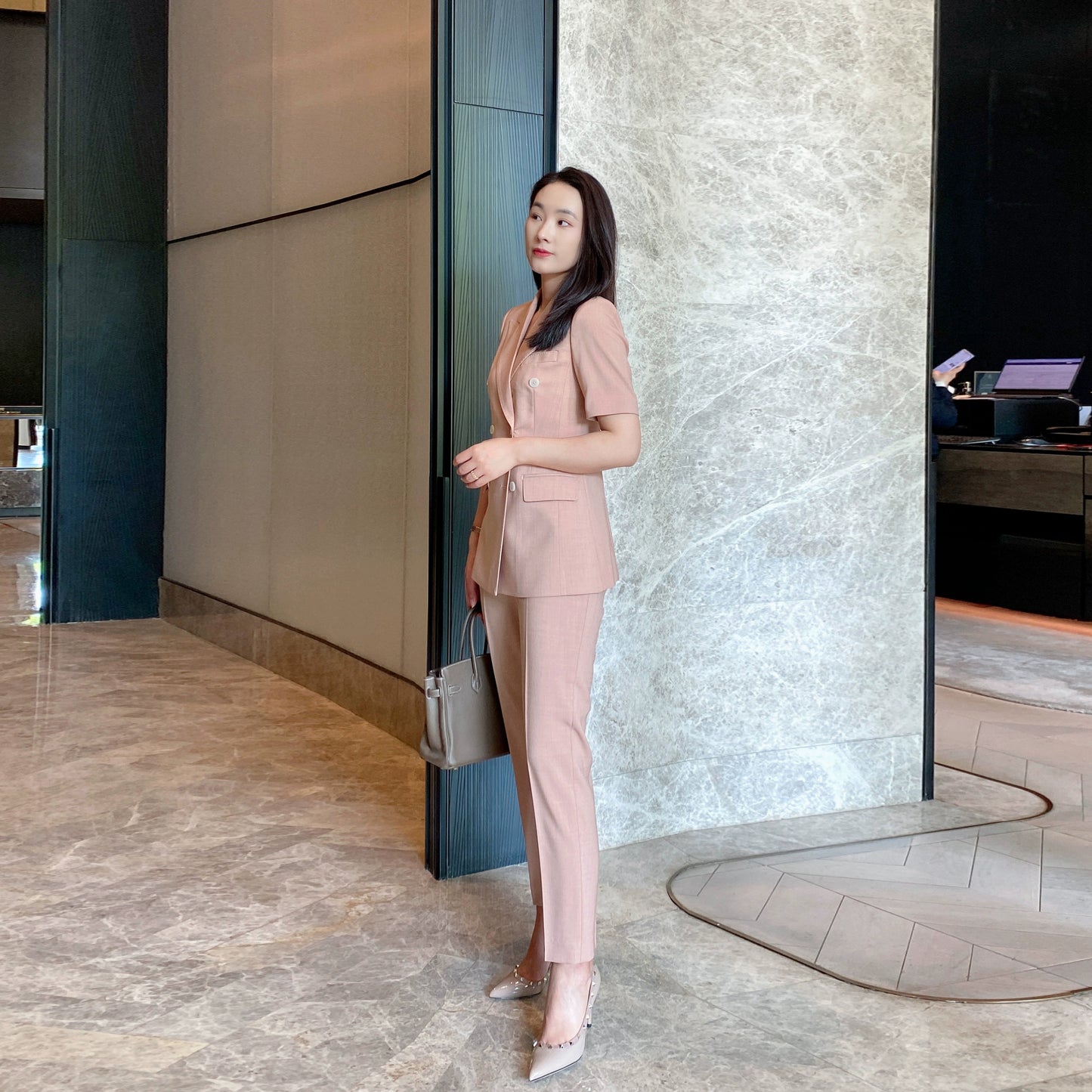 Fuchsia Summer Light Slim Suit Set with Short Sleeve