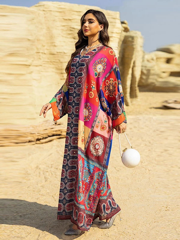 Elegant Ethnic V-Neck Long Skirt Beach Dress Turkish Print