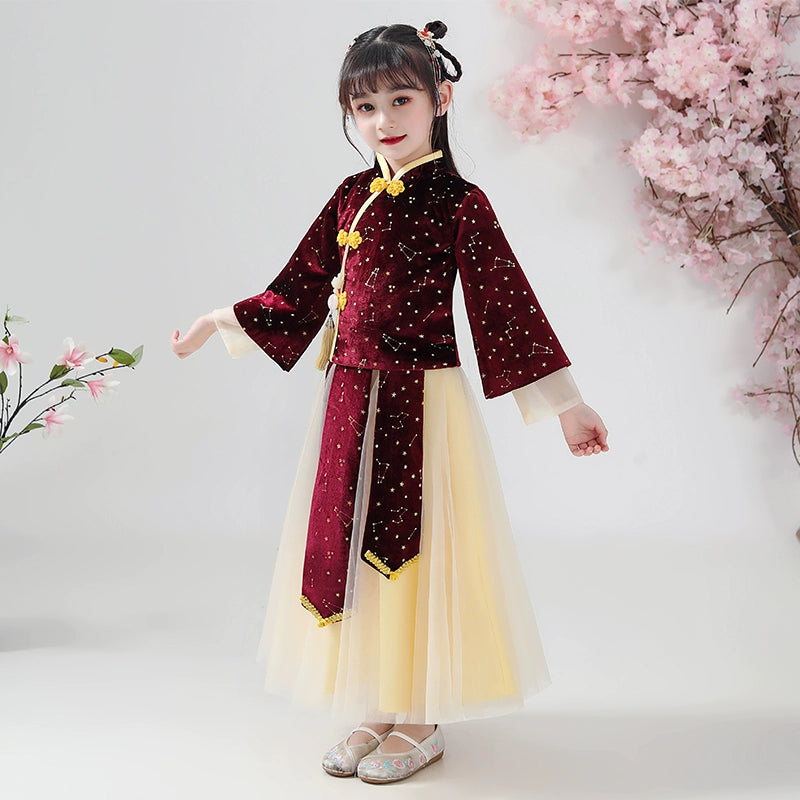 Elegant Girls' Chinese Hanfu Dress Autumn Spring Cheongsam Traditional Performance Outfit