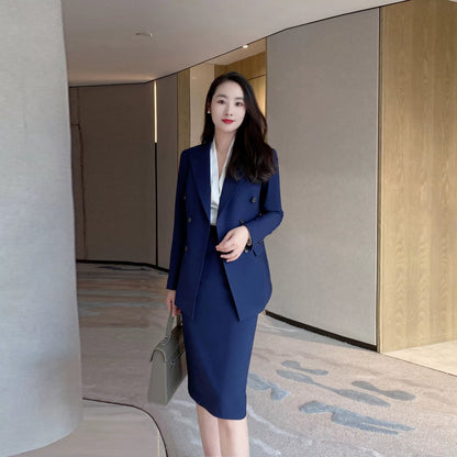 Navy Blue Autumn Classic Business Suit with Fitted Skirt